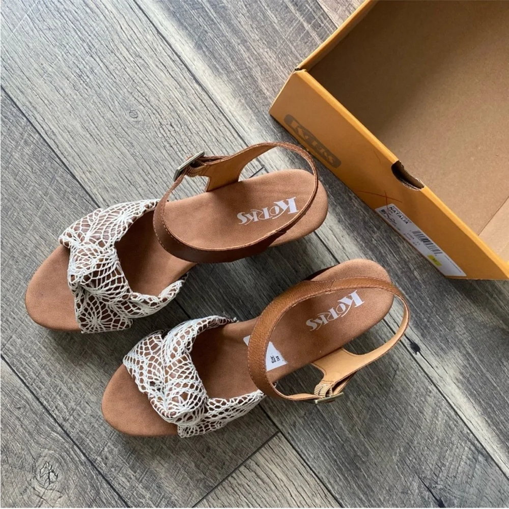 NWT Korks Natalia Cream Crochet Lace Sandals Heel Platform Brown Tan Leather 11